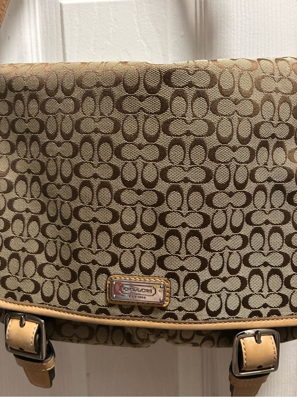 Coach Khaki & Tan Signature Canvas Crossbody Saddle Bag with Buckle Trim